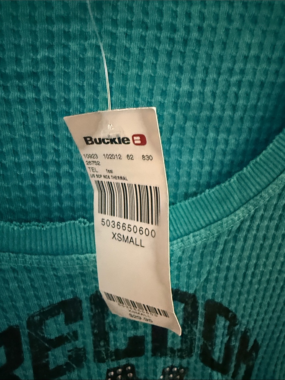 Daytrip Teal Waffle-Knit Long Sleeve Scoop Neck Graphic Top - Picture 2 of 4